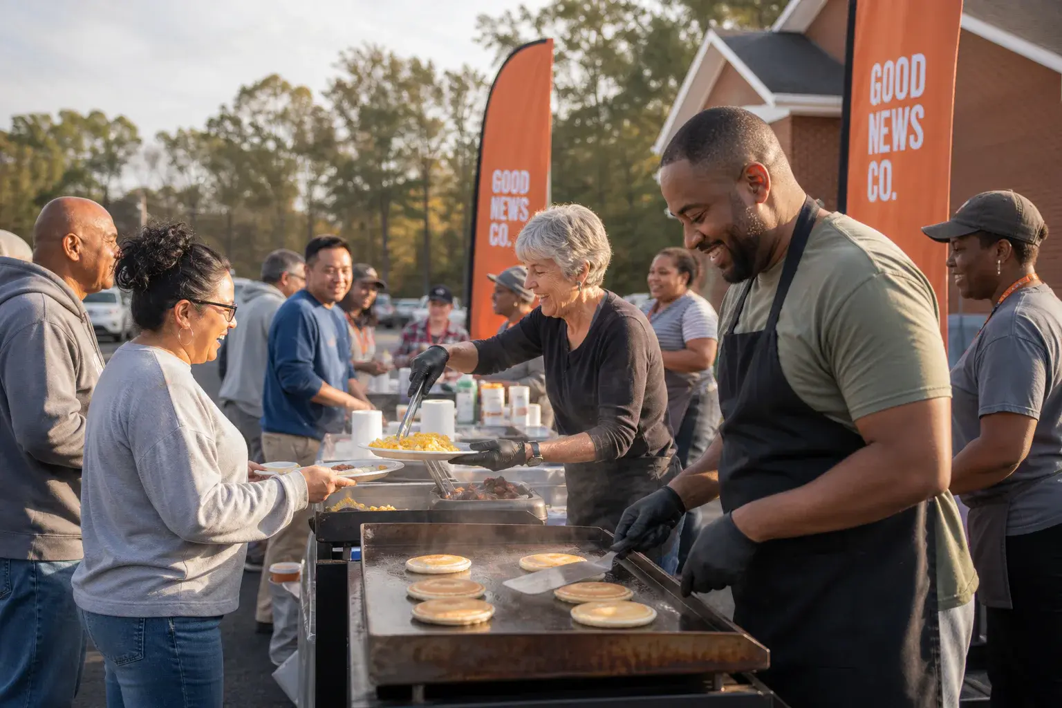 Volunteers serving a hot community breakfast from flat-top griddles with orange Good News Co. flags behind them.
